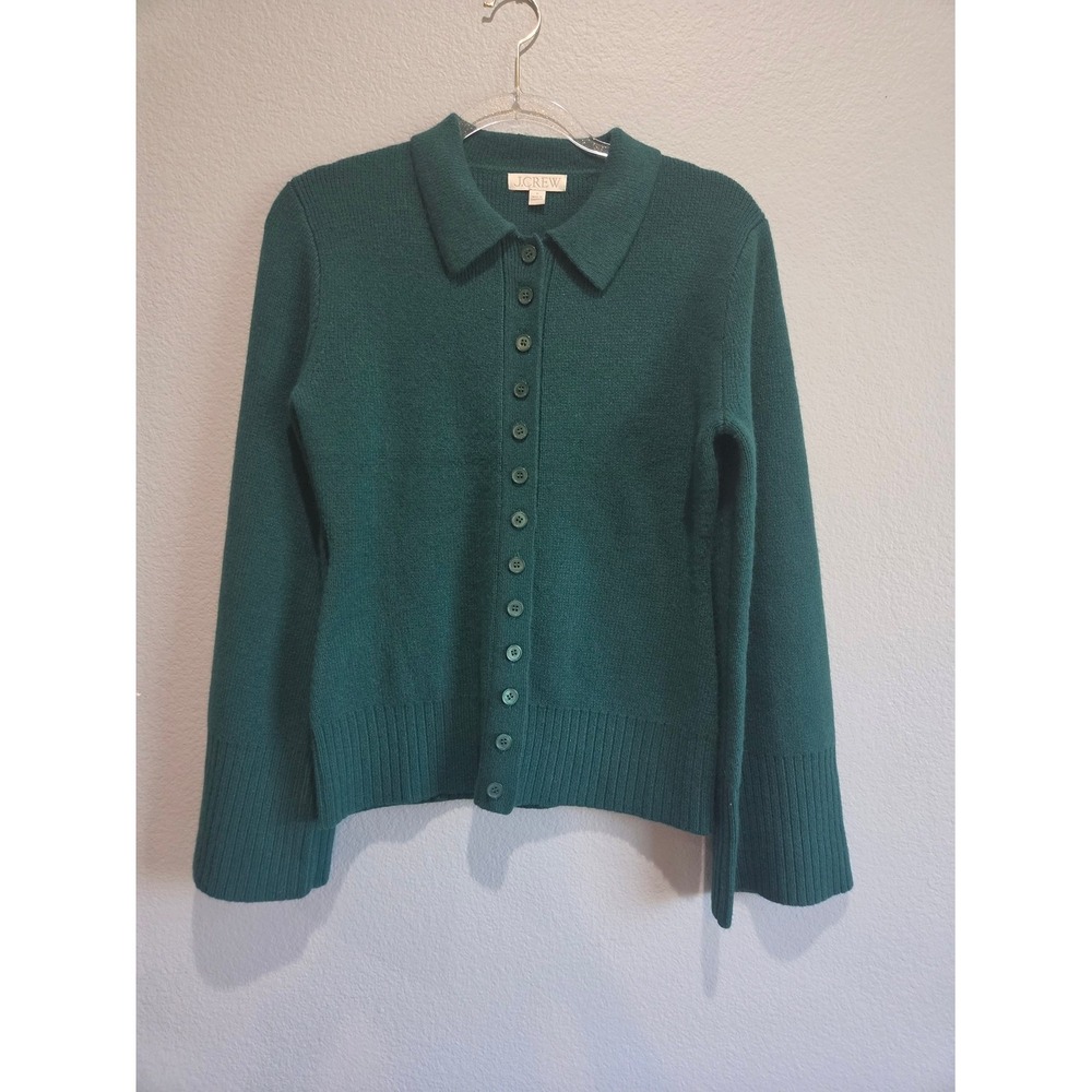 J.Crew Cardigan Women S Green Lambswool Bell Sleeve Collared Button Front Exc